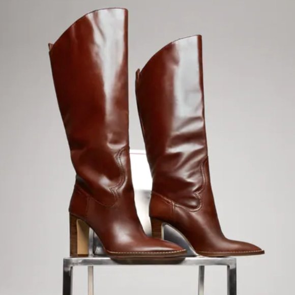 NWT Zara Brown High Shaft Heeled Leather Boots 8